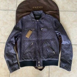 GUCCI GUCCISSIMA MONOGRAM BLUE LEATHER JACKET GG SIZE 52 (Fits large)